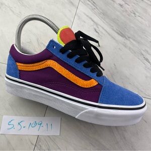 Vans women’s 5.5 Old Skool Multi Color Block orange purple blue Suede Skate Shoe